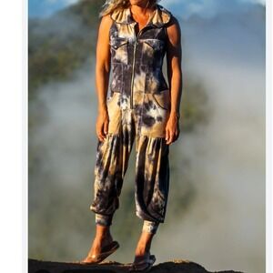 Autumn Teneyl Angel Jumpsuit Black Tan Tie Dye Hooded Sleeveless M/L Made in usa